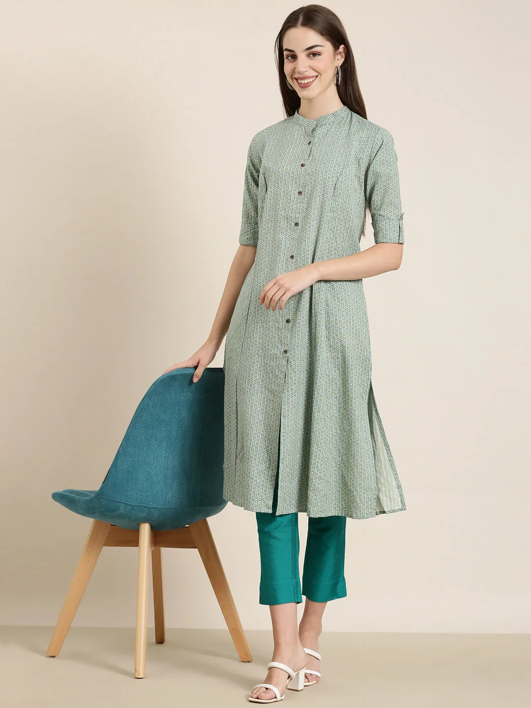 Women Green Geometrical A-Line Kurta
